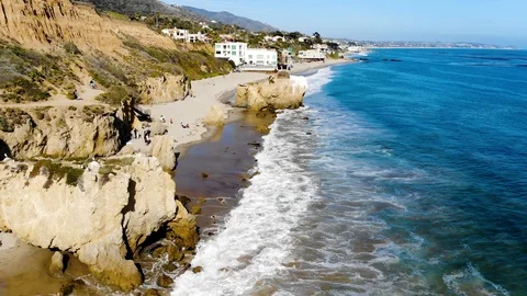 Aerial Malibu Beach - Forward - Waves Crashing on Coastline Stock Footage 89594173
