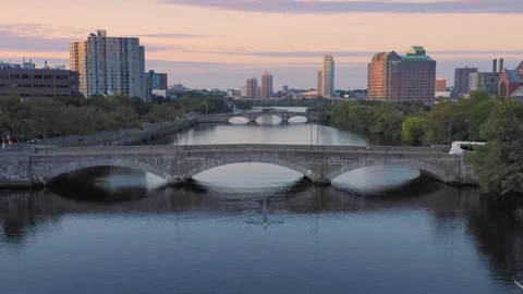 Aerial: man Rowing on the Charles River at Harvard University. Boston, Video stock 121025976