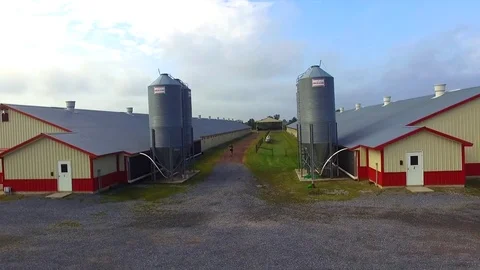 Aerial of Man Running between Two Large Scenic Country Warehouse Buildings  Stock-Footage 71325265