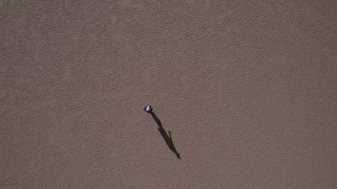 Aerial of a man walking across a desolate dry lake in the desert Stock Footage 307885993