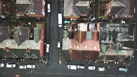 Aerial Manchester Victorian rows of housing, Manchester, UK, Europe Stock Footage
