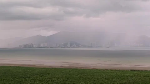 Aerial mangrove forest coastline with distant city skyline Vídeo Stock 332227331