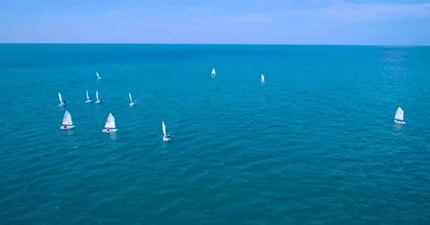 Aerial: Many small sailboat float in the sea. Regatta. Stock Footage 83405237