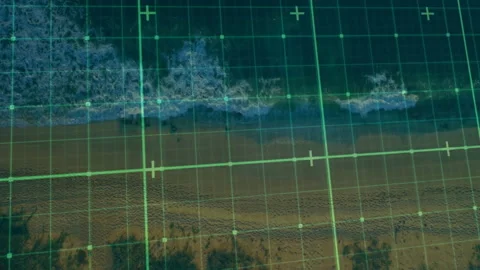 Aerial mapping drone deploying neon green grid overlay scanning shoreline with Vídeo Stock 311677805