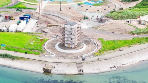 Aerial, Maritime Tower Structure Undergoing Refurbishment Work Stock-Footage 340009423