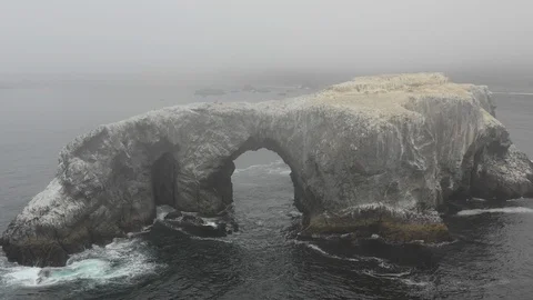 Aerial of Massive Sea Stack and Natural Arch Off Northern California Coast Stock Footage 95920264