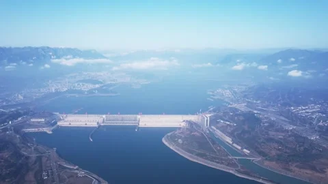 Aerial the Massive Three Gorges Dam Infrastructure and Surrounding River Stock Footage 342326928