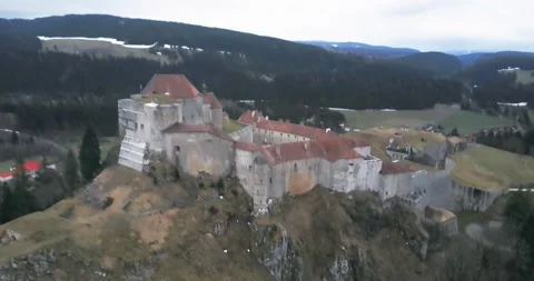 Aerial medieval fortification around drone aerial, medieval castle Stock Footage 137318232