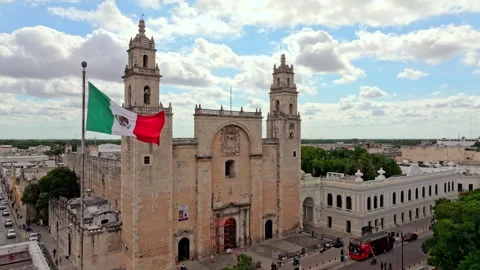 Aerial Merida Cathedral and Flag, Mexico Stock Footage 340264222