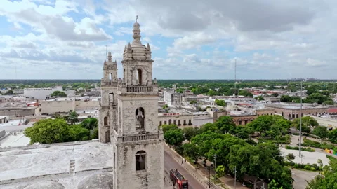 Aerial Merida Cathedral Overview, Mexico Stock Footage 340263446