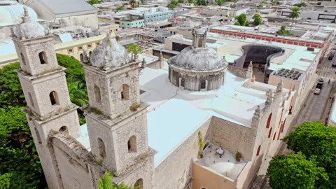 Aerial Merida Cathedral Towers, Mexico Stock Footage 340263206