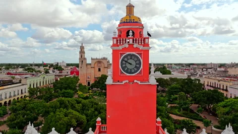 Aerial Merida Red Building and Clock, Mexico Video stock 340263707