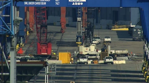 Aerial of metal frames for crane at harbor, Port of Wilmington, close up Stock Footage 109141006