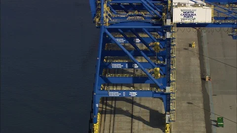 Aerial of metal frames for crane at harbor, Port of Wilmington, close up Stock Footage 109141041