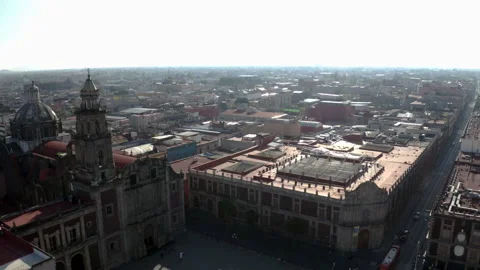 Aerial of Mexico City church Santo Domingo palace of inquisition in background Stock Footage