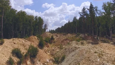 AERIAL: Mining of flagstone among forest. Glide shot over the stone-pit. Video stock 78033492