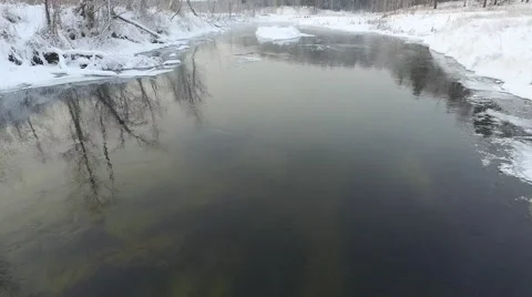 AERIAL: Misty river in winter Stock Footage 68596876