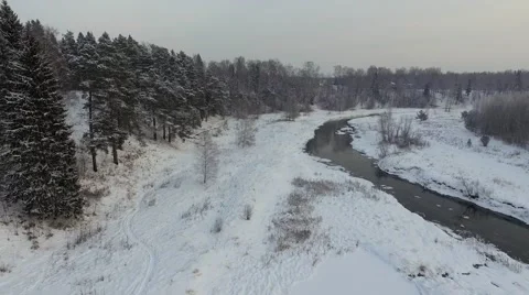 AERIAL: Misty river in winter Stock Footage 68597301