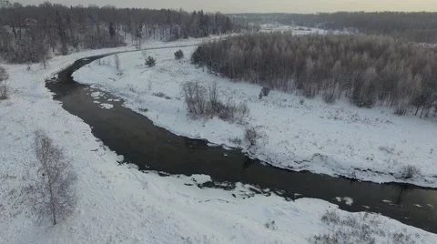 AERIAL: Misty river in winter Stock Footage 68597366