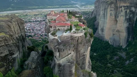 Aerial Monastery of Holy Trinity Sunset Slow Flight Towards Church in Meteo.. Stock Footage 334893498