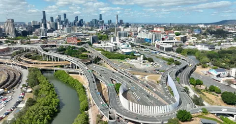 Aerial motion of Inner City Bypass and interchange motorway, Brisbane, QLD Stock Footage 320107026
