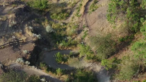 Aerial of mountain biker riding switchbacks, mountain bike park Stock Footage 212703945