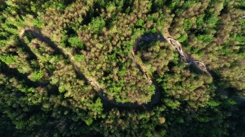 Aerial of mountain driving down a forest track Video stock 283071923