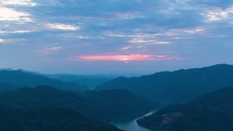 Aerial Mountain Ranges and River During Early Morning Sunrise Stock Footage 342231439
