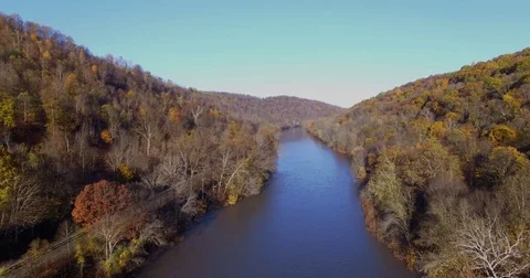Aerial Mountain River with Fall Leaves Backward Stock Footage 82733622