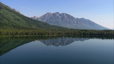 Aerial of mountain river surrounded with forest trees, Perfectly calm lake Stock Footage 109467336