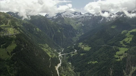 Aerial of mountain road, Simplon Pass Bridge Stock Footage 108609097