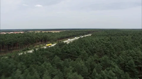 Aerial of mountain road through dense forest trees, E30 And Cars Exheeding Stock Footage 108620644
