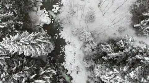 Aerial mountain stream winding through snowy forest valley in winter - Texture Stock Footage 339455416
