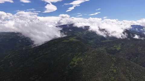 Aerial of mountainous landscape and rolling low clouds in Carson National Forest Vídeo Stock 346016456