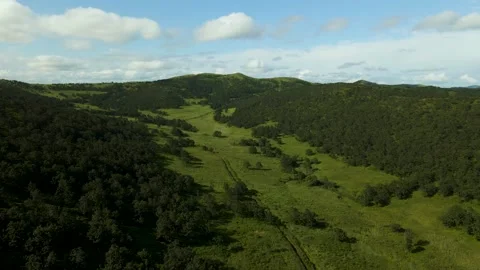 Aerial, Mountains Range, Ocean, Summer, Deciduous Forest, Sunny, Cloudy Stock Footage 163095658