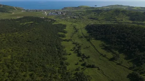 Aerial, Mountains Range, Ocean, Summer, Deciduous Forest, Village Stock Footage 163097502