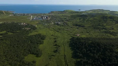 Aerial, Mountains Range, Ocean, Summer, Deciduous Forest, Village, Sunny, Clear Stock-Footage 163097686