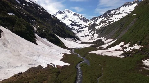 Aerial Move Forward Over River Toward Glacier With Snow Melt Stock-Footage 170165674