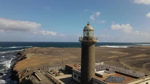Aerial movement away from the Punta de Jandia lighthouse visualizing the Stock Footage 208028268