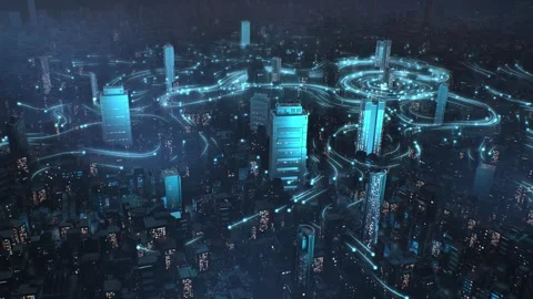 Aerial movement from skyscraper and creates internet connections between people. Stock Footage 310386615