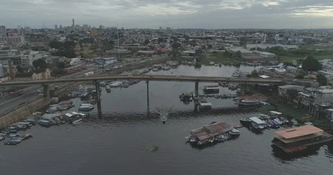 Aerial moving from bridge across the Amazon River to downtown Manaus in Brazil 스톡 동영상 101290948