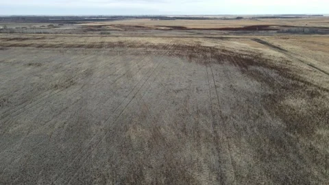 Aerial moving forward and looking down onto dry farm fields.  Stock Footage 220689473