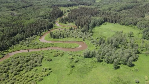 Aerial moving forward and looking down onto a winding muddy river  Stock Footage 244937504