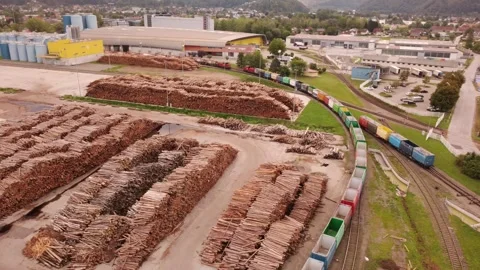 Aerial of a moving freight train passing a paper mill log yard, Austria 스톡 동영상 344734894