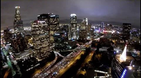 Aerial (moving) Timelapse of Downtown Los Angeles at Night Stock Footage