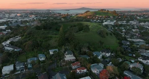 Aerial: Mt St John Volcano at sunset, Auckland, New Zealand. Stock Footage 264124039