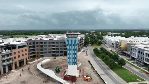 Aerial Mueller Control Tower District of the old Mueller Tower Stock Footage 281873231