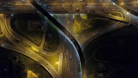 Aerial multi-level road interchange junction cinematic Active traffic Moscow  Stock Footage 116290304