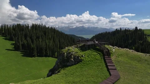 Aerial natural scenery of Karajun grassland forest in Ili, Xinjiang，china Stockbeeldmateriaal 307181553