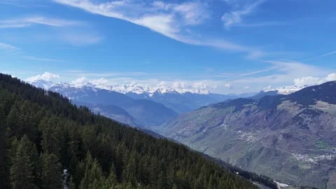 Aerial nature view of green pine trees forest on snowy mountain in French alps. Stock Footage 334315002